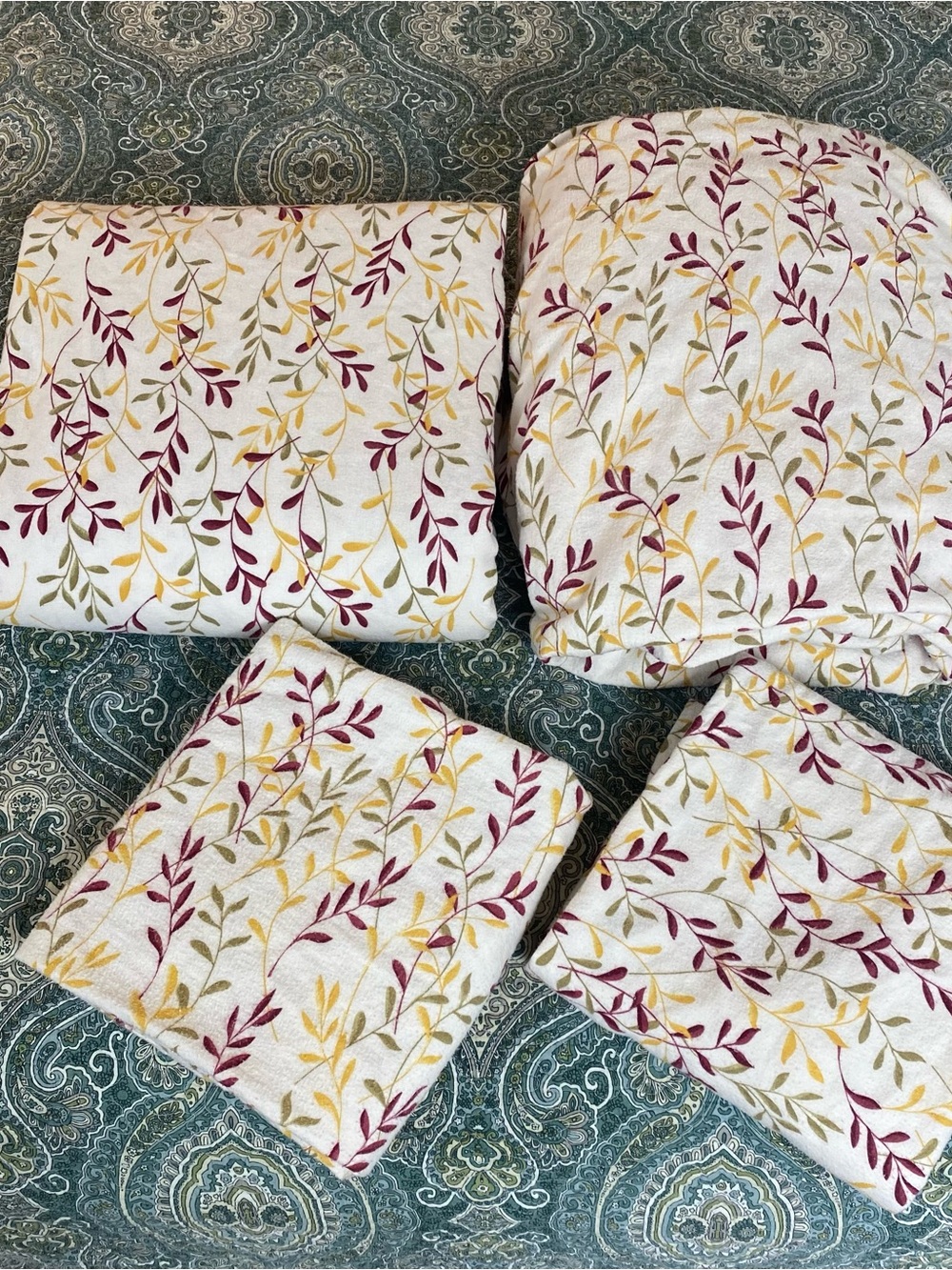 Floral Vine White Flannel Sheet Set CAL King Burgundy & Mustard Leaf Print